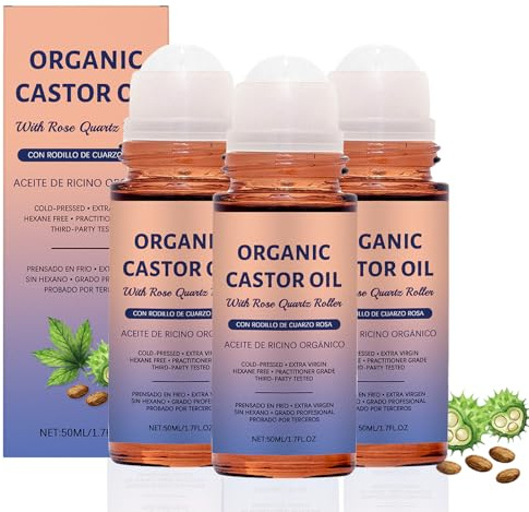 Organic Castor Oil with Rose Quartz Roller, Cold Pressed, Organic Castor Oil Roller Ball, 1.7 Fl Oz, Hexane Free, Nourishing Skin, for Face, Tummy, Body and Skin，Amber Glass Bottle (3PCS)