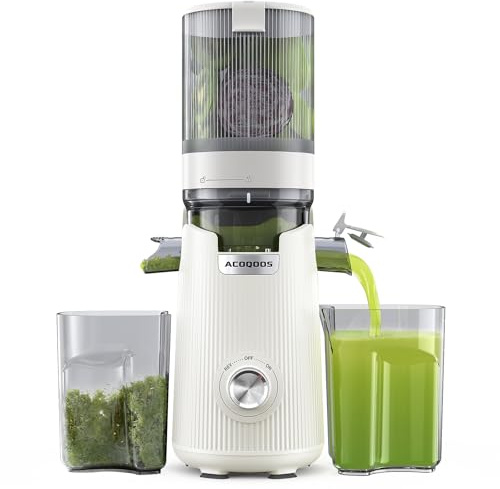 ACOQOOS Entsafter, Entsafter für Ganze Gemüse und Obst, 135mm, Breite und Größere Fütterungsröhre, 1,8 L Füllvolumen, Leicht zu Reinigender Slow Juicer mit 2 Gläsern, Elektrische Saftpresse, Cream