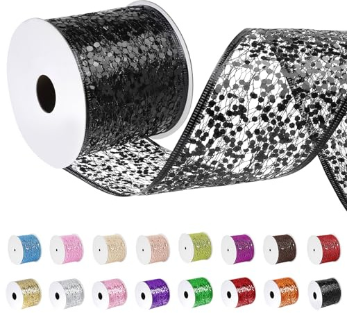 Uiopa Geschenkband Schwarz Breit 63mm x 9m, Schleifenband Glitzer mit Draht, Glitzerband Dekoband Ribbon für Geschenkverpackung, Kränze, Heimdekoration, DIY Kunsthandwerk