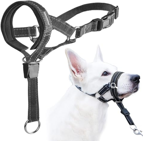 Cuello de Cabeza para Perros,Bozal Perro con Banda de Nariz Acolchada Collar Antitirones Perro Ajustable, Collar Antitirones para Adiestramiento Canino,Ajustable y fácil de controlar,L