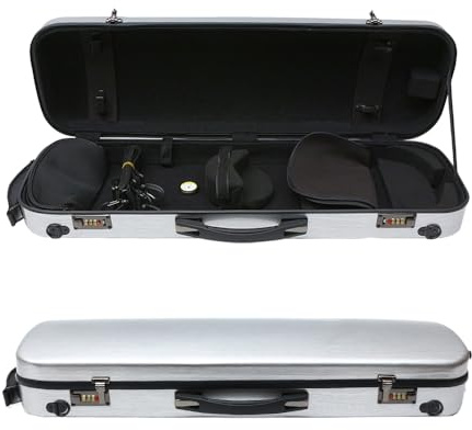 MJMLUCK Violin Case 4/4 Full Size Carbon Fiber- Waterproof Hard Shell Violin Case with Hygrometer, Extra Storage, Combination Lock & Plush Interior Lightweight (Silver with Password Lock)