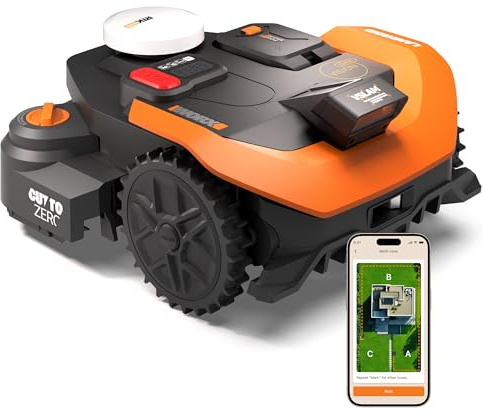 WORX Landroid Vision Cloud WR312E 2WD Mähroboter ohne Begrenzungskabel für 1200 m² (KI-Hinderniserkennung, VSLAM+ RTK Cloud Navigationg, Auto-Mapping, App-Steuerung, Cut-to-Zero, RadioLink)