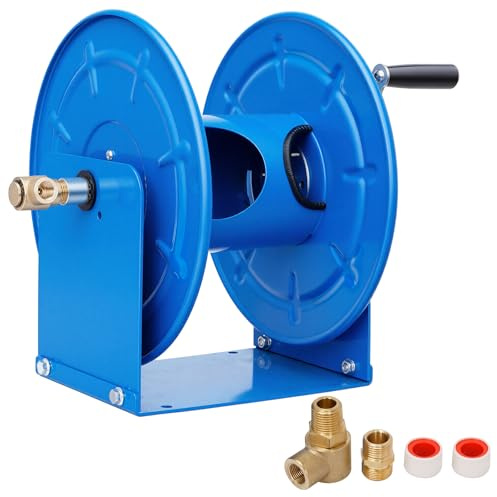 Enrouleur de tuyau de nettoyeur haute pression 60 m x 0,6 cm, 4500 psi, en acier robuste pour nettoyeur haute pression, 30,5 m x 1,9 cm, avec joint rotatif, manivelle pour montage sur remorque/mur/van