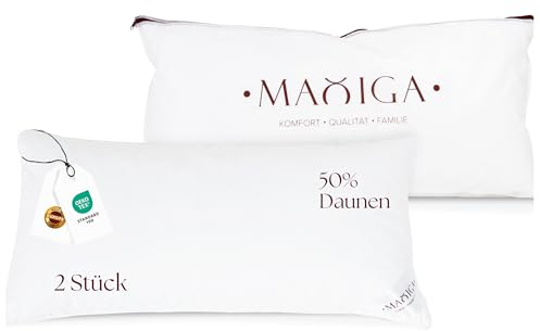maxiga Daunenkissen 40x80 cm (2 Stück) | 50% Gänsedaunen und 50% kleine Federn | Füllgewicht 1000g | Für Allergiker geeignet | Oeko-TEX-Zertifikat Klasse 1 | Atmungsaktiver, Baumwollbezug