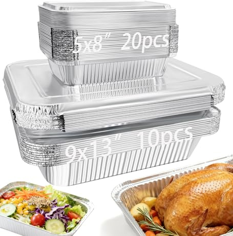 RUIXUE Juego de 40 sartenes desechables de aluminio con tapas, 9 x 13 (20 piezas) y cuadrados de 8.2 x 5.7 (20 piezas), juego combinado de moldes desechables para hornear y tartas. (30 unidades con