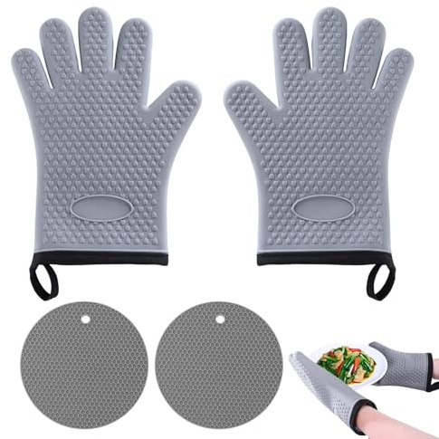 Silicone Oven Gloves & BBQ Gloves Pair with 2 Non-Slip Pads