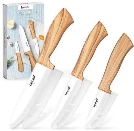 hecef Keramisk Knivset 3 delar med Knivskydd, Bekvämt Olivträ-look Handtag