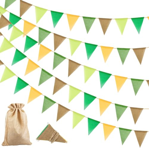 Wimpelkette Outdoor Wetterfest, 20M Wimpelkette Garten mit 60 Wimpeln, Wiederverwendbar Jute Wimpelgirlande, Dreieckige Fahnen Banner mit Kordelzugbeutel für Hochzeit Geburtstag Babyparty(Grün)