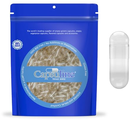 Capsuline Clear Size 00 Gelatin Empty Capsules (1000 Count), Kosher Certified, Gluten-Free, Pure Bovine with Unique Lock Technology