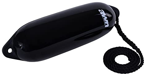 AWN Bootsfender, Langefender mit Leine, mit 1,5 m Fenderleine, hochwertiges Messingventil, robuster Schutz, Fender für Boote, Ø 14x53 cm, Schwarz