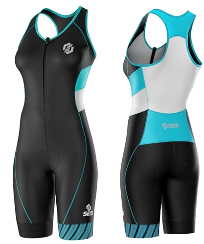SLS3 Triathlon Suits Women - One Piece Tri Suit Women - Premium PRO FX Womens Triathlon Suit - Lightweight Trisuit, Slim Athletic Fit, No Shelf Bra (Black/Martinica Blue Stripes, XL)