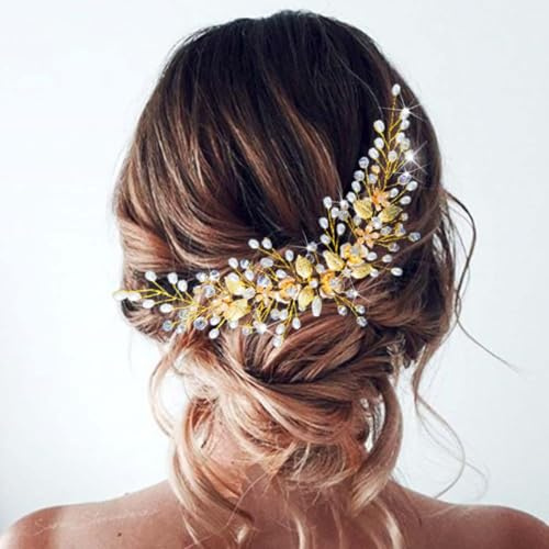 Unicra Haarschmuck Hochzeit Blumen Kopfschmuck Perlen Hochzeit Haarschmuck Braut Kopfbedeckung (Gold)