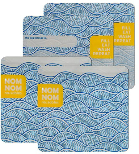 Nom Nom Reusables – 4 Reusable Snack Bags, ziplock bags for crisps, nuts, fruits and vegetables, freezer safe and dishwasher safe