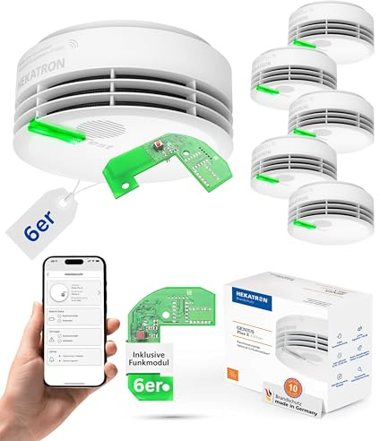Hekatron Genius Plus X Rauchmelder vernetzt mit Funkmodul Basis X – 6 Stück | 10 Jahre Batterie – Testsieger Stiftung Warentest – made in Germany – Funkrauchmelder Set – mehrsprachig
