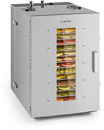 Klarstein Master Jerky - Deshidratador de alimentos, Temperatura ajustable 40-90 °C, DigiSet Control, Carcasa de acero inoxidable, Potencia de 1500 W, Capacidad de 2,5 m², 16 bandejas, Gris metalizado
