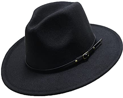 Chapeau Fedora en Feutre Classique à Large Bord avec Boucle de Ceinture pour Enfants de 7 à 15 Ans, Noir, 7-15 Ans