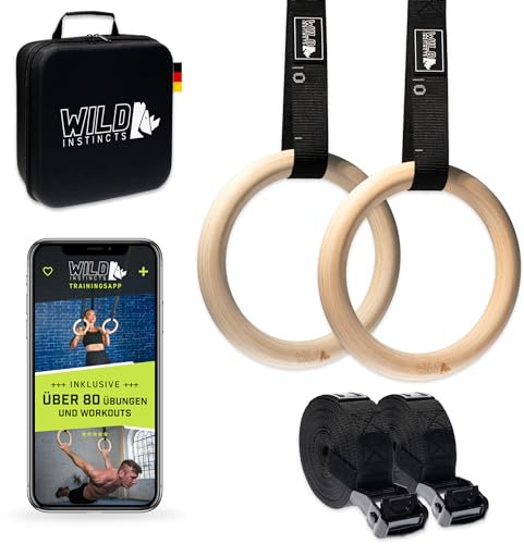 Wild Instincts Premium Turnringe Holz 28mm mit WebApp - Trainingsringe mit 5m Gurtbändern inkl. Case - Gymnastikringe zum Turnen - Calisthenics Ringe - Gymnastic Rings