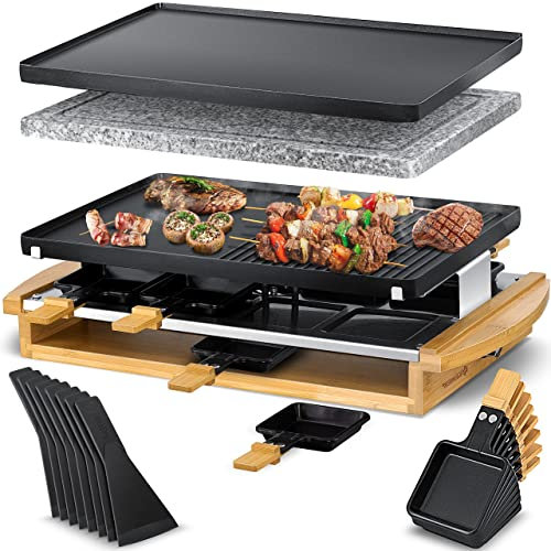KESSER® el raclette grill con piedra de parrilla natural, placa de parrilla de mesa para 8 personas, parrilla eléctrica de raclette placa de parrilla con revestimiento antiadherente