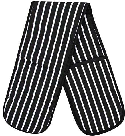 Black Double Oven Gloves Heat Resistant Oven Mitts for Home Kitchen Baking and Cooking, Butchers Stripe Pot Pan Tray Double Oven Gloves, Heavy Duty Cooking Oven Gloves (Black)