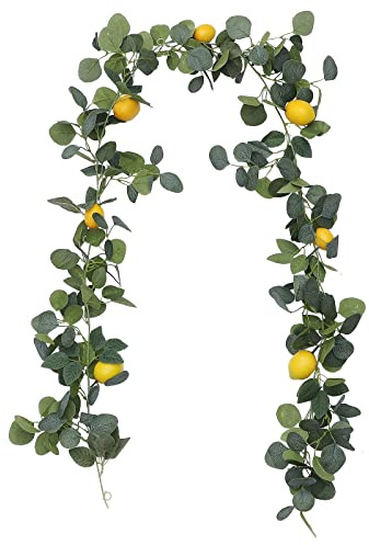 HanOBC Künstliche Zitronen-Girlande, Seide, grüne Eukalyptus-Girlande mit Zitronen für Hochzeit, Kaminsims, Tisch, Garten, Zuhause, Bogendekoration, 195 cm
