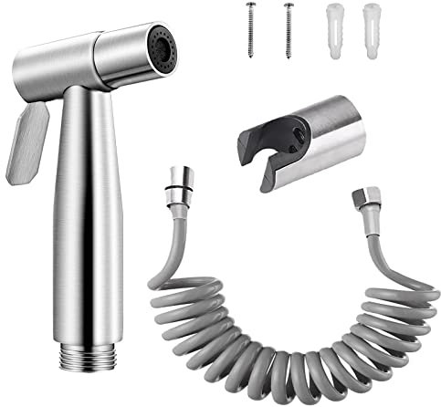 Bidet - Juego de ducha de mano de acero inoxidable, pulverización ajustable, tubo y gancho para inodoro o bidé montado en la pared de acero inoxidable