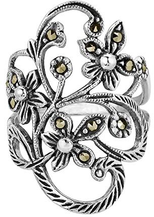 AeraVida Beautiful Marcasite Style Pyrite Flower Vine .925 Sterling Silver Ring | Delicate Flower Vine Ring | Vintage Flowers Accessories (6)