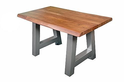 SAM Esstisch 160 x 85 cm Cali, Baumkantentisch nussbaumfarben, Akazienholz massiv, A-Gestell aus Metall Silber, aufgedoppelte Kanten 25+25 mm