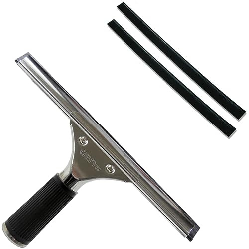 GBPro Professional Window Squeegee Stainless Steel Wiper 25cm/10 inches + Machine Cut High Grade Rubber Blade/Strip x 2
