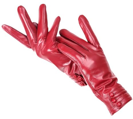 Haitpant Damen Touch Handschuhe Plissee Drei Knöpfe Leder Handschuhe Winter Einfache Warme Fäustlinge Handschuhe, rot, 34