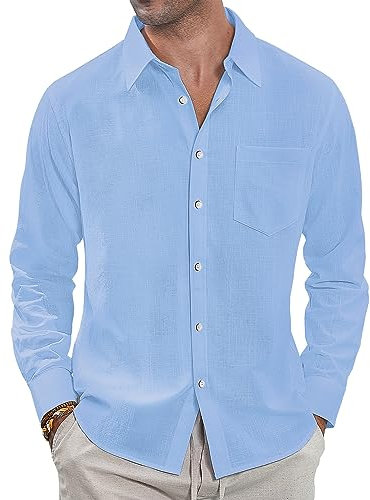 J.VER Men's Linen Cotton Shirts Long Sleeve Regular Fit Casual Solid Lightweight Summer Beach Shirt with Pocket Blue L
