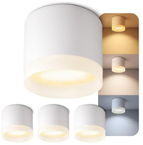 SSC-LUXon VORA Aufbaulampe weiß 4 Stück GX53 6W 3 Lichtfarben dimmbar LED | Vier Deckenspots mit Milchglas-Ring - dimmbar, warmweiß bis tageslicht, blendfrei für Wohnzimmer & Küche, inkl. LED