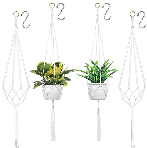 YZDZSW Makramee-Pflanzenaufhänger, 4 Stück, hängende Pflanzkörbe Hangepflanzentopf mit 4 Haken zum Aufhängen, Blumentopfhalter für Innen- und Außenbereich, Balkondekoration (90 cm und 105 cm)