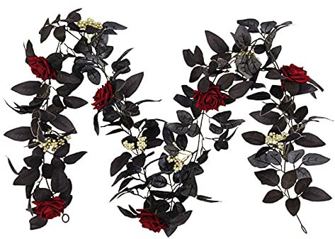 Wnvivi 2 Stück 180 Meter Künstliche Rosengirlande, Künstliche Rote Schwarze Rosenranke Zum Aufhängen, Blumengirlanden mit Goldenen Beeren für Halloween, Festival, Gothic-Dekor(Rot)
