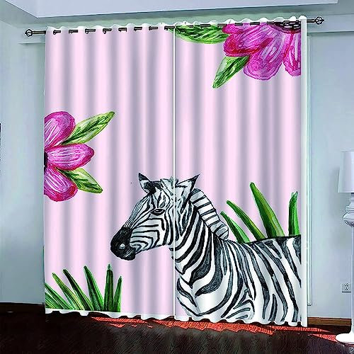 Kinder Vorhänge Schlafzimmer Rosa Blumentier Zebra Schiebegardinen Blickdichter Bedroom Children'S Room Vorhang Mit Ösen Verdunkelungsgardine, Vorhänge 3D Wohnzimmer 2 X 2 X 110 X 215 Cm -1C8H8E2K9A3H