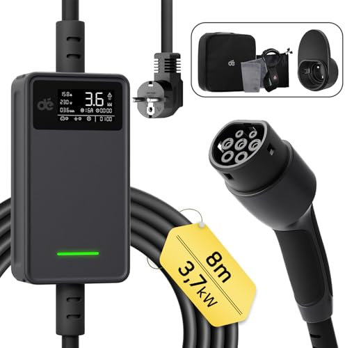 dé Typ 2 Ladekabel Schuko für Elektroauto - Ladekabel Elektroauto Typ 2 Schuko 3,68kW [1-phasig, 8m, 6-16A] mit Steuerbarer Digitalanzeige - EV Charger für GLA, X3, ZOE, ID.3, ID.4 und mehr PHEV/EV