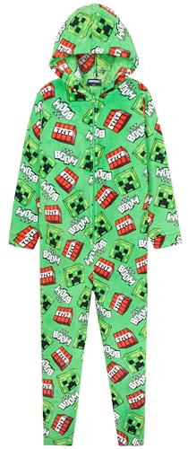 Minecraft Combinaison Polaire Garçon Ado, Combinaison Pyjama à Capuche, Vêtements de Nuit Enfants - Cadeau Gamer (Vert/Multi, 11/12 Ans)