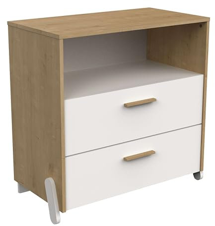 Miroytengo Kinderkommode Naili 2 Schubladen Schlafzimmer Eiche Hamilton und Mattweiß, 73 x 74 cm