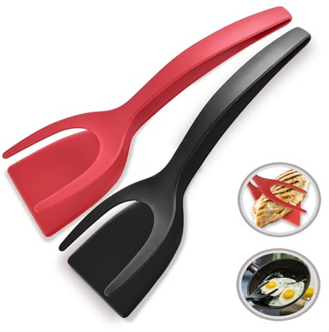 2 in 1 Flipper Spatula with tongs - Nylon Easy Grip Flip Spatula for Hash browns, Burgers, Steaks, French Toast, Omelets, Pancakes - Non-Stick Head, Ergonomic Handle, Withstands High Temperatures