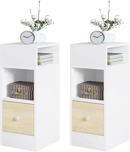 EUGAD Mesitas de Noche Pack 2 Estrechas Blanco Vetas de Madera con 2 Compartimentos y 1 Cajón, 25x30x66 cm, Mesillas Auxiliares para Dormitorio Pequeño y Salón Espacios Reducidos, 0011CTG-2 | con 2 compartimentos abiertos y 1 cajón, para dormitorio, sala de estar