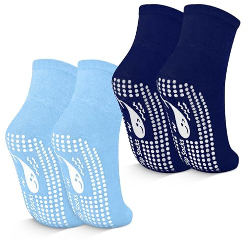 TENQUAN Non Slip Yoga Socks Anti Slip Yoga Socks with Grips for Pilates Grippy Cotton Socks for Home Hospital Workout Sports (2 Pairs Blue, Unisex L (UK 9-11 / EU 43-46))