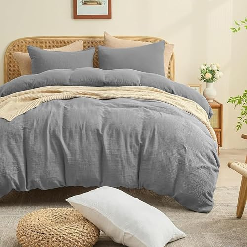 Gezu Doppelte Muslin Bettwäsche 135x200cm Grau 100% Baumwolle Muslin Bettwäsche-Sets Set Bettbezug mit 1Kissenbezüge 80x80cm Sehr Atmungsaktiv Bequem Bettwäsche Einzelbett mit Reißverschluss