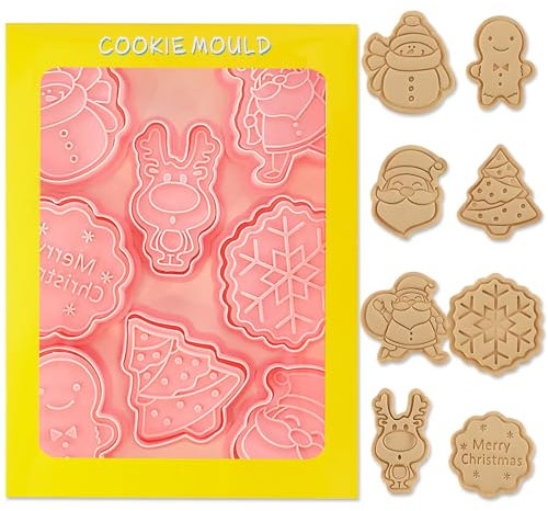 Emporte-pièces Noël, Lot de 8 Noël Emporte Pièce, 3D Noël Moule Biscuit Plastique Enfant, Christmas Cookie Cutter Tampon Biscuit Noël Decoupoir Patisserie pour Décoration Fondant Biscuit Cookie Gâteau