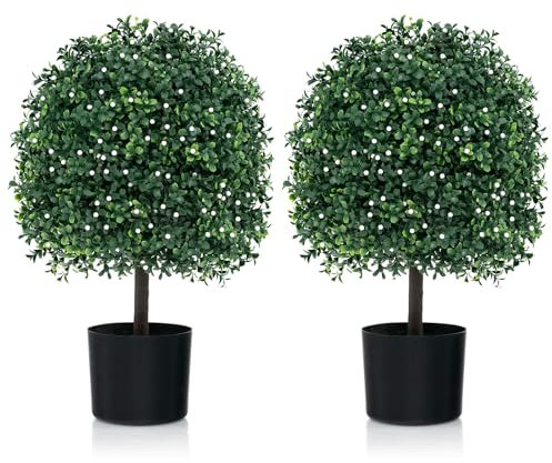 COSTWAY Set of 2 Artificial Boxwood Topiary Plants, 53cm/55cm/60cm Ball Tree, Faux Ball Potted Trees with Built-in Cement Pot, Fake Greenery Plant Decoration for Indoor Outdoor(55cm, Green+White)