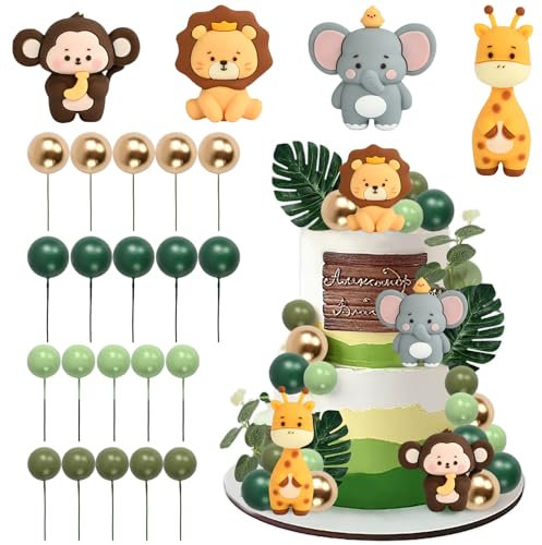 Decoration Gateau Jungle, 24 Pièces Décoration de Gâteau Animaux de la Jungle Cake Topper Animaux Jungle Cupcake Topper Animaux, Gâteau Topper Jungle pour Fête d'anniversaire Baby Shower Fille Garçon