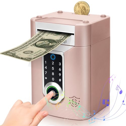 FGZU Spardose Kinder 3-12 Jahre,Elektronische Tresor Spardose mit Touchscreen und Fingerabdruck Geldautomat Sparbox Sparschwein Tresor Kinder Geschenke Mädchen Jungen Roségold