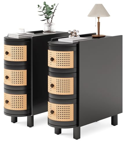 LITTLE TREE End Table Set of 2, Rattan Narrow Side Table with 3 Drawers, No Assembly Required, Solid Wood Nightstand, Bedside Table for Living Room, Bedroom, Office, Bathroom, Black