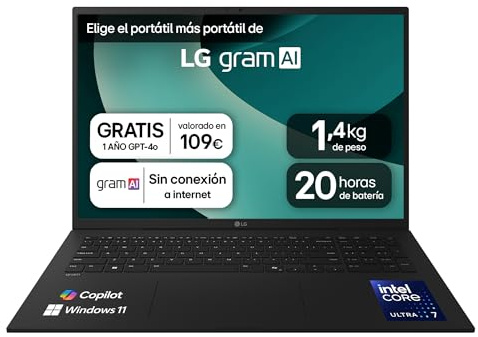 LG gram 17Z90T-G.AD88B Portátil 17 Pulgadas, WQXGA IPS, Intel Core Ultra7, 32GB RAM, 1TB SSD, 1.350 g, Antirreflejo, Batería hasta 20h, Windows 11, Negro