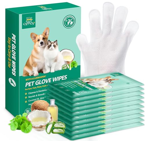 CHPPEY 10 PCS Pet Cleaning and Deodorizing Bathing Grooming Glove Wipes for Dogs and Cats, Extra Thick Nourish Fur No-Rinse Grooming Wipes for Daily Care and Travel, Hypoallergenic