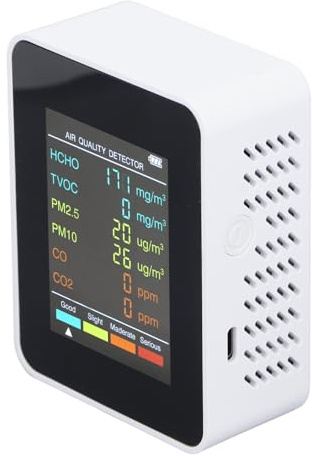 Indoor-Luftqualitätsmesser, CO2 TVOC HCHO PM2.5 PM10-Detektor mit Alarm, USB-Ladung, 24-Stunden-Arbeit, Hintergrundbeleuchtungsbildschirm, Konvektionsinspektion für Heimbüroauto