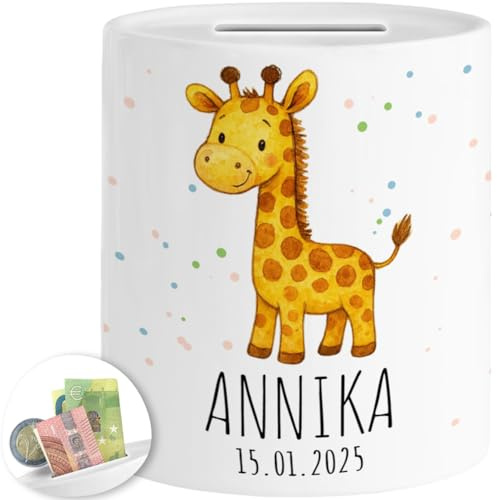 Tassenliebling® Spardose Giraffe personalisiert Name, Datum - Spardose Kinder mit Tiermotiv - Kinderspardose Mädchen Jungen - Sparschwein, Sparbüchse Geburtstag, Weihnachten, Geburt